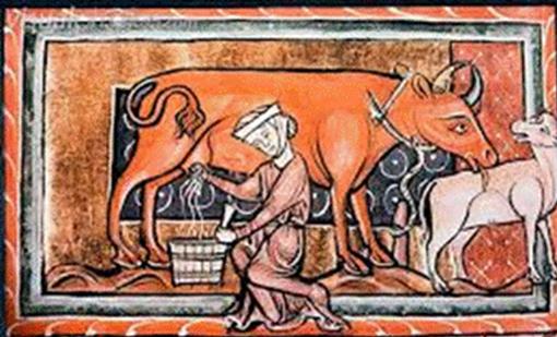 A painting of a person and a cow
Description automatically generated